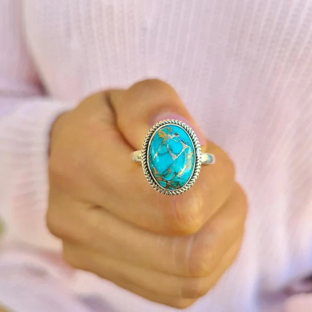 Original Americano Cobre Turquesa 925 Plata de Ley Boho Anillo