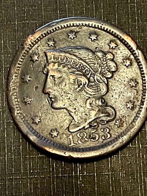 1853 Philadelphia Mint Copper Braided Hair Large Cent