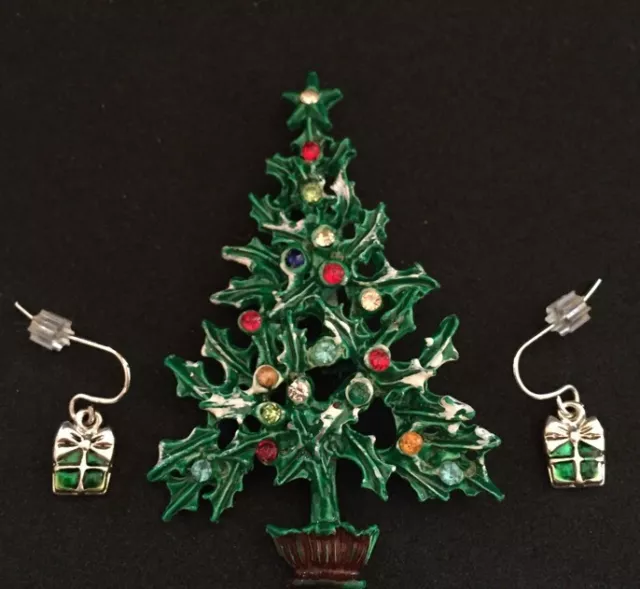Vintage Christmas Tree Enamel Brooch & Earring Set Antique Pin Rhinestones Xmas 2