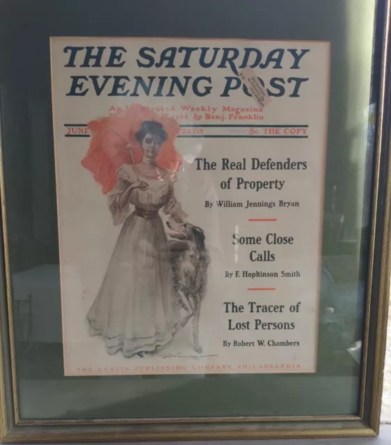 Original Saturday Evening Post cover w/ Borzoi 1905 matted/framed  19" x 16"