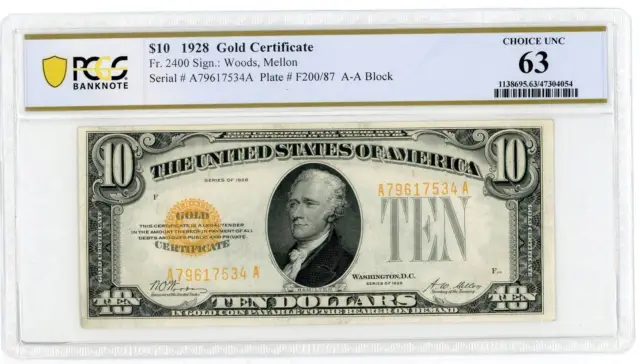 NobleSpirit No Reserve Fr 2400 1928 $10 Gold Certificate PCGS MS 63