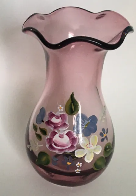 Vintage Fenton Designed Teleflora Amethyst Purple Glass Vase Hand painted floral