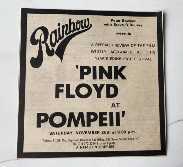 Pink Floyd At Pompeii Film  1972 Small Vintage Advert 7" X 7" Melody Maker