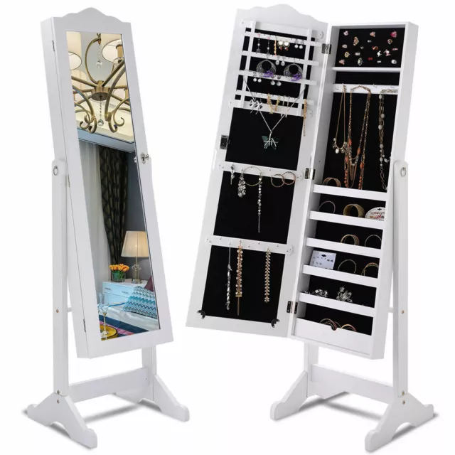 Lockable Mirrored Jewelry Cabinet Armoire Mirror Organizer Storage Box W/ Stand