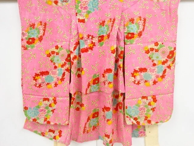 39418# Japanese Kimono / Antique Kimono For Girls / Mon Kinsha / Flower Roundel