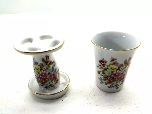 Fred Roberts San Francisco Co. Porcelain Floral Toothbrush Holder & Cup Bath Set