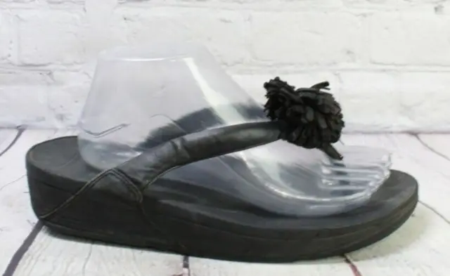 Fitflop Women's Black Leather Floral Slide Platform Thong Sandals Size 9