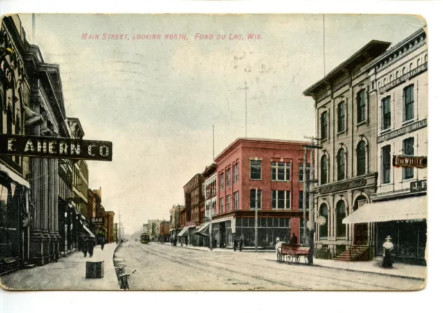 Main Street Scene-Downtown Buildings-Fond du Lac-Wisconsin-Vintage 1909 Postcard