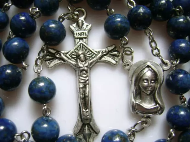 Natural Lapis lazuli bead Rosary & silver Cross crucifix catholic necklace Gift 3