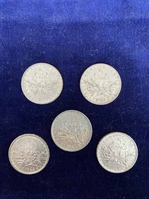Lot de 5 Pièces de 5 Francs en Argent type Semeuse 1961 1962 1963 1964 1965