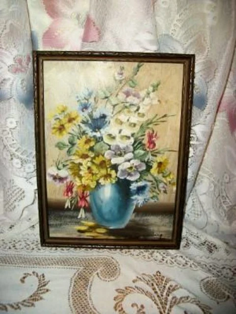 1930s FLOWERS FLORAL OIL PAINTING JANET GREENLEAF LISTED ARTIST PERIOD FRAME