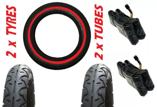 BUGABOO DONKEY Rear 12 1/2" 2 x Pram Tyres & Bent Valve Tubes RED LINE