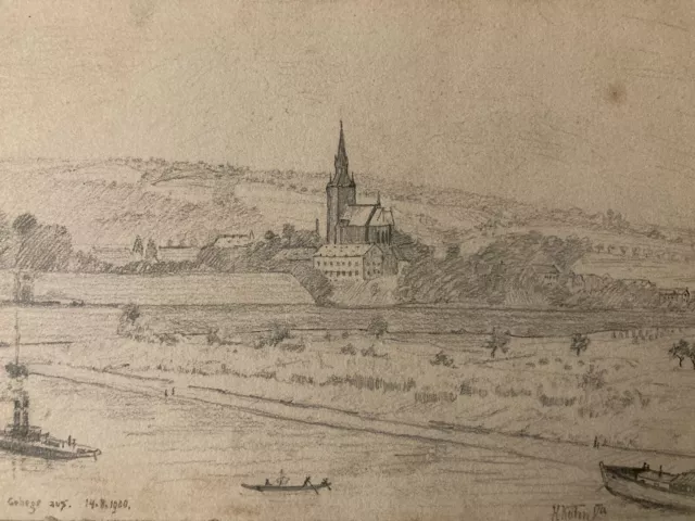 Très Beau Dessin XIXe 1900 mine de plomb crayon Ancien Paysage Riviere Autriche