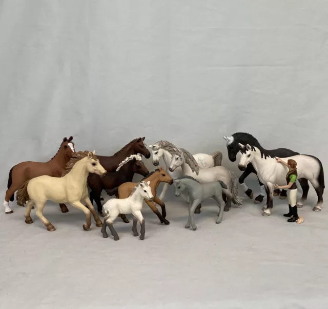 Schleich Horses Germany Lot Of 11 Horses And Foals, One Horse Carer