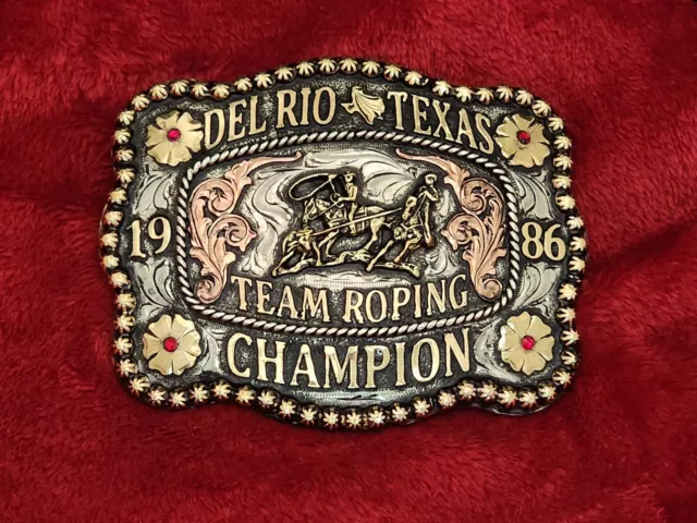 Team Roping Professiona Rodeo Champion Trophy Buckle☆Del Rio Texas☆1986☆Rare☆857