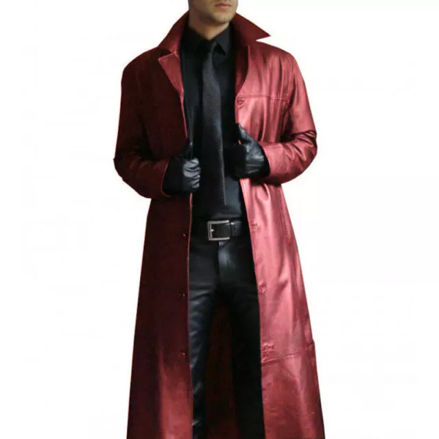 Mens Outwear Slim Jacket Fashion Punk Coat Faux Leather Lapel Collar Long Trench