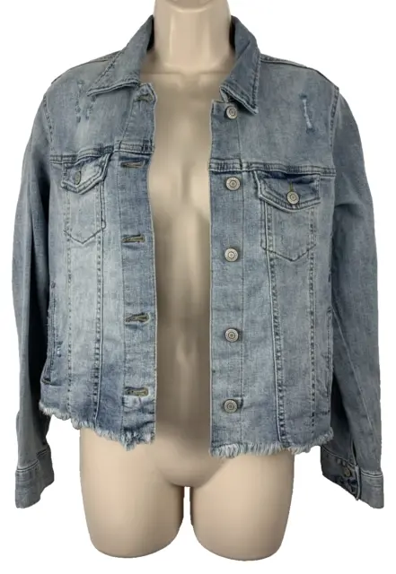 EUNINA Size M Light Wash Stretch Fitted Distressed Denim Jacket NWT J346