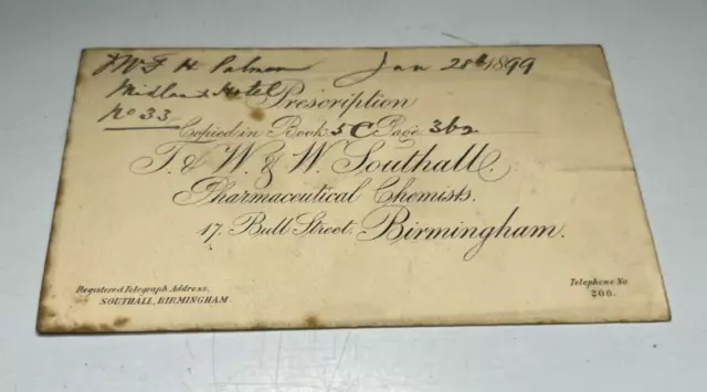 Antique Pharmacy Prescription Envelope  W & W Southall Bull Street Birmingham