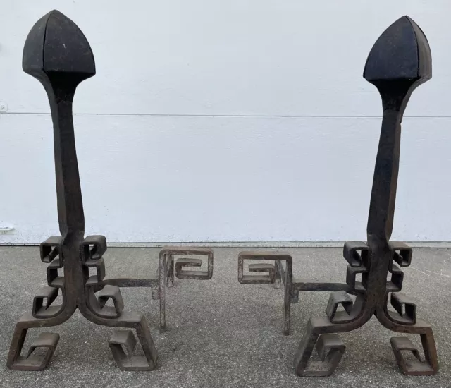 Antique Large Pair Of Spanish-Mission Fireplace Andirons Hand Forged 3