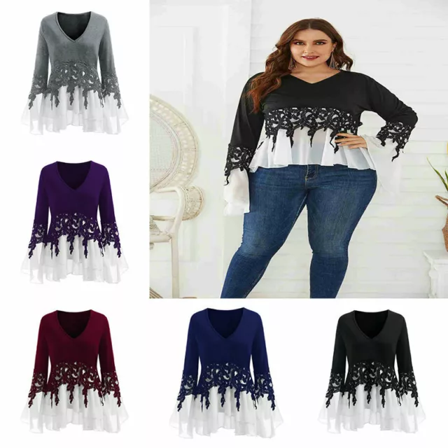 Ladies Blouse Long Sleeve Shirt Plus Size Frill Lace Tops Casual  Loose Women