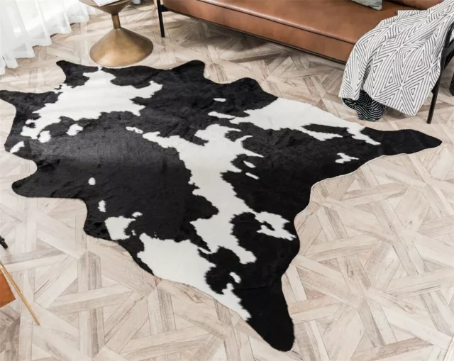 LARGE FAUX FUR COWHIDE RUGS LEATHER BLACK COW HIDE SKIN AREA CARPET 5x6.5 FEET 2