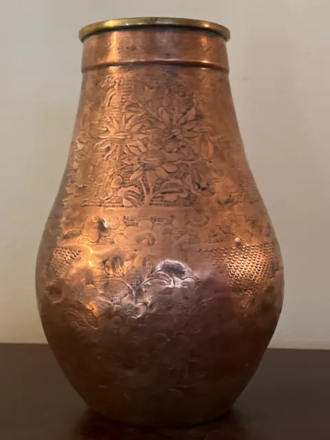 antique late 19th Chinese Export spun bronze brass hand etched metal vase