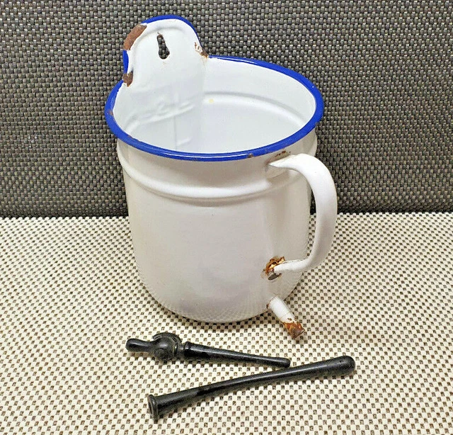 Antik Pressol Klistier 2L Emaille Weiß Farblicher -blau Deko Vintage Sammlung