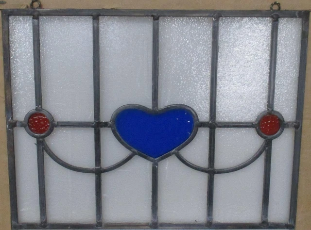 OLD ENGLISH LEADED STAINED GLASS WINDOW Unframed w Hooks Cute Heart 17" x 13.25"