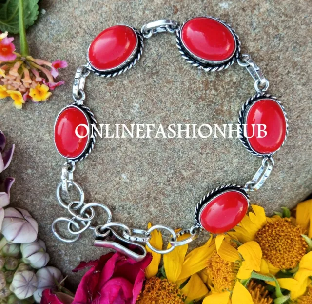 Sale Magnificent Red Coral Gemstone 925 Sterling Silver Plated Handmade Bracelet