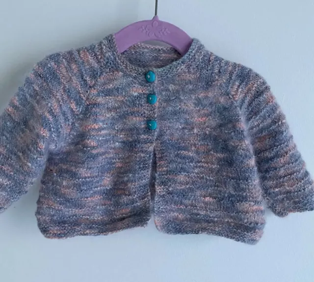 Baby Hand Knitted Cardigan - Blue / Pink Blend Fluffy Long Sleeve Size 0-2