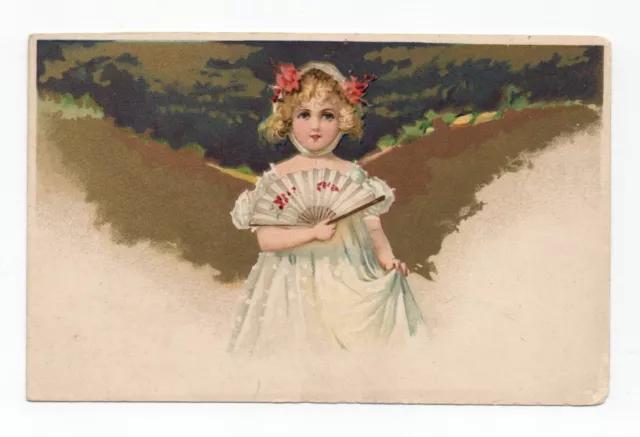 Postcard Antique. Little Girl With Fan. Illustrator Without Signature