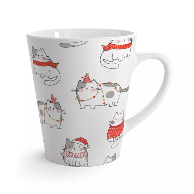 Latte Mug, 12 oz, White, Ceramic, Christmas Kitty, Coffee Lover Gift, Cat Lover