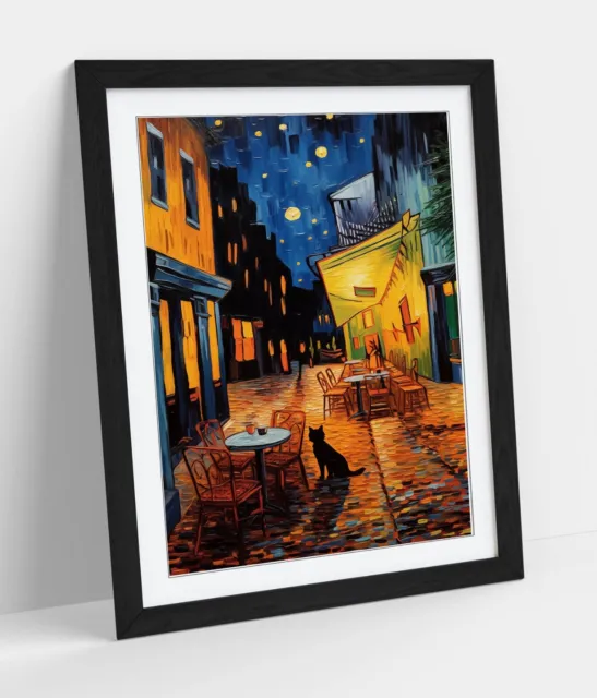 Van Gogh Cafe Terrace At Night With Cat -Framed Wall Art Poster Paper Print