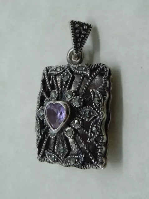 Vintage FAS Sterling 925 Square Locket with Marcasite and Amethyst Heart Stone