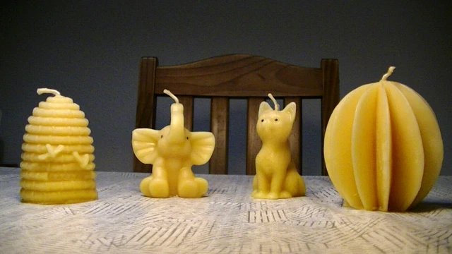 4 candele vera cera d'api, figurali, fatte a mano, gatto, elefante, alveare