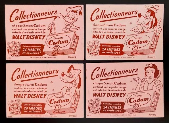 Lot 4 buvards anciens - Savon Cadum - Walt Disney - Donald, Dingo, Blanche Neige