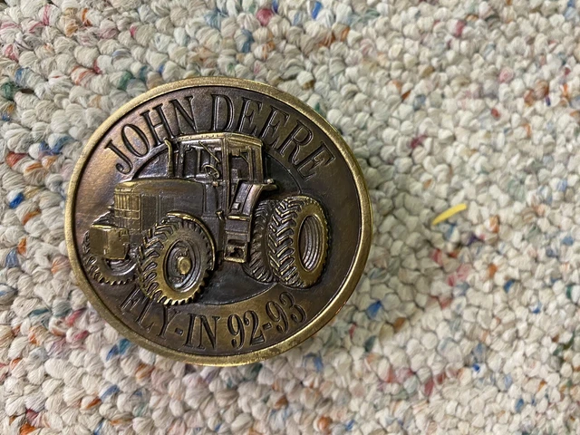 John Deere Tractor Brass Belt Buckle 92-93 Fly In - Made in 1992 - 2 1/2”