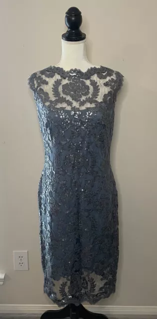 Women's Tadashi Shoji Cocktail Dress With Sequin Lace Overlay Size 14-Blue/Gray