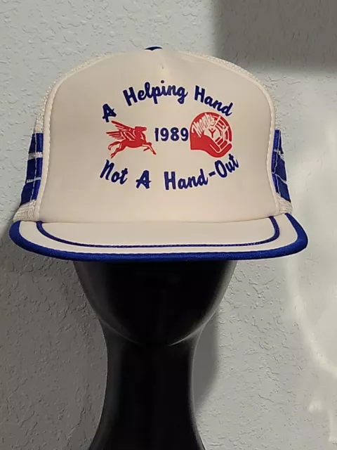 Vintage Mobil Oil Gas Pegasus 3 Stripe Trucker Hat White Blue Cap 1989 Promo