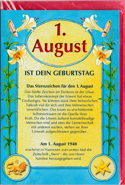 KARTE GEBURTSTAG 1. August Geburtstagskarte Glückwunschkarte + Umschlag