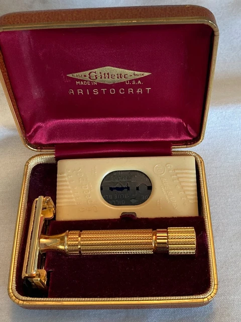Vtg Gillette Gold Aristocrat Safety Razor w/Case &  blades ca 1940s