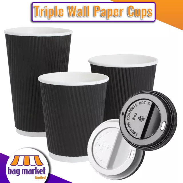 Disposable Triple Wall Ripple Paper Coffee Takeaway Cups - Black, Hot Tea, Lids