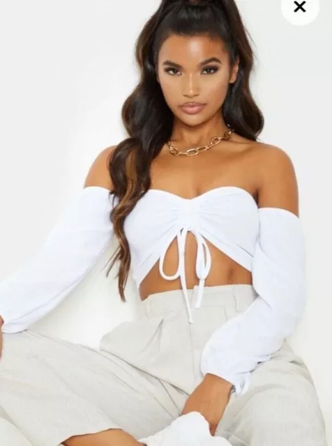 PRETTYLITTLETHING Womens NWT White Bardot Long Sleeve Crop Top