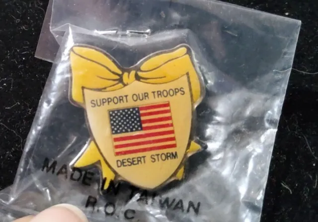 Support Our Troops Desert Storm Yellow Ribbon US Flag Pinback Hat Lapel Pin
