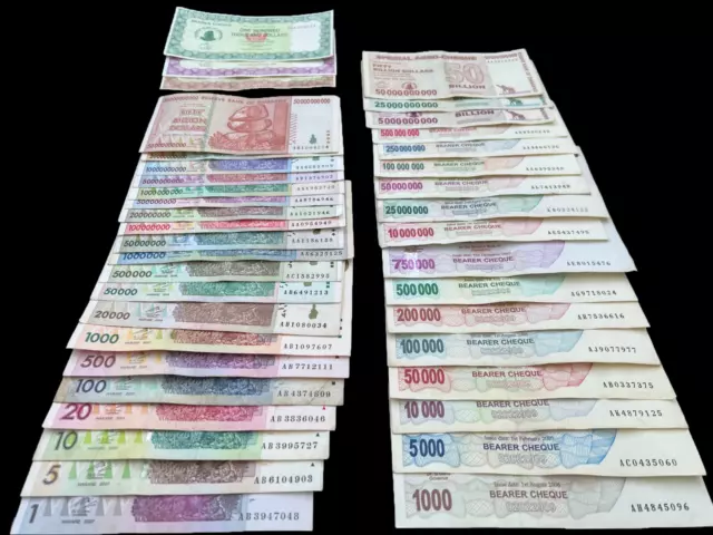 Zimbabwe 40 Banknotes Dollars Bills Set 1 10 100 Million Billion Trillion Money