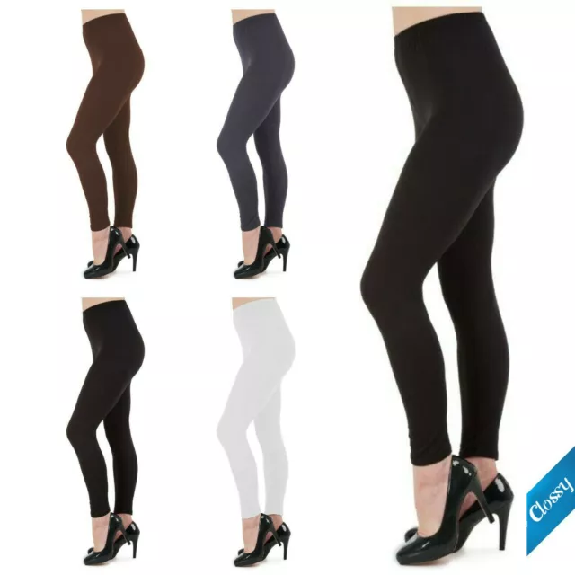 Ladies Womens Plain Leggings Full Length Cotton Black + Colours UK Size 4 - 22