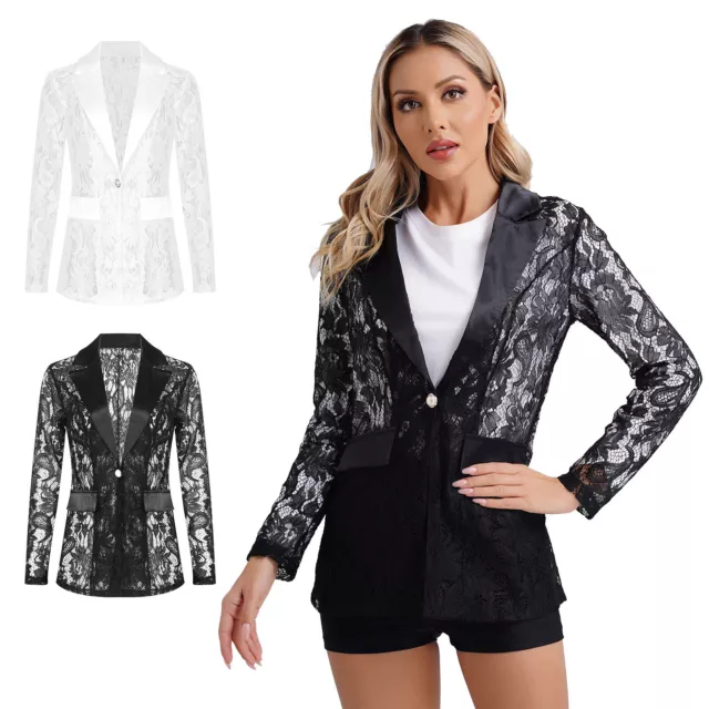 DE Damen Jacken Floral Mantel Glänzend Blazer Sexy Oberbekleidung Netz Cardigan