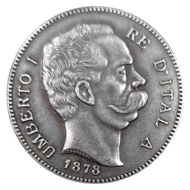 Moneta copia Italia 5 Lire 1878 Umberto I Re Stemma Savoia ducato 37.31mm 23g