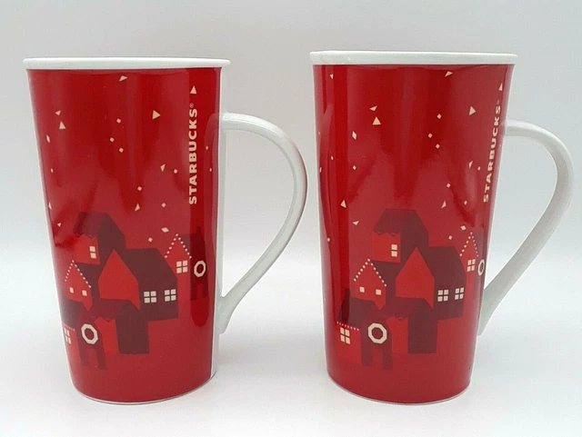 Starbucks Coffee Mug Holiday Christmas Red Village 16oz Tall Cups 2013 Set Of 2