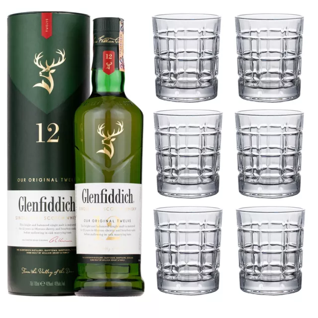 Glenfiddich 12 Year Old Single Malt with set of 6 Whisky Tumblers